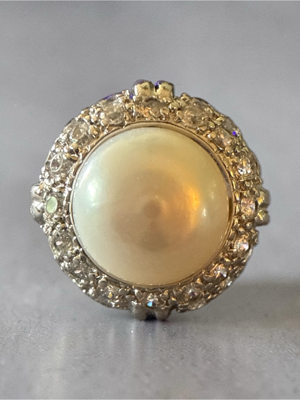 Vintage Faux Pearl & Rhinestone Cocktail Ring Silver Tone Size 9
